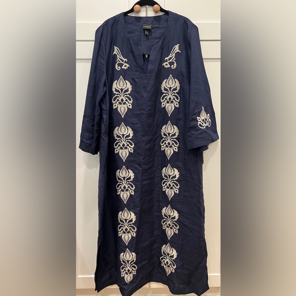 ULLA POPKEN DAMASK DETAIL SPLIT NECK SHORT SLEEVE DRESS, DARK MARINE, SIZE 20. - Picture 4 of 13